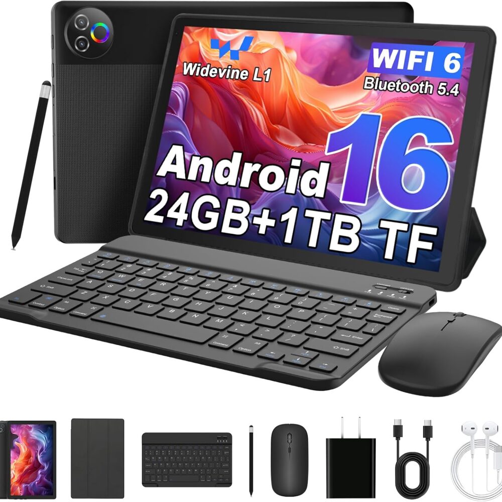 2 in 1 Android 16 Tablet with Keyboard Mouse Stylus Case, 24GB RAM 1TB TF Expand, 10 inch HD IPS Screen Widevine L1, 6000mAh Battery, Dual Camera Face Unlock, WiFi 6 BT5.4, Tablets Bundle