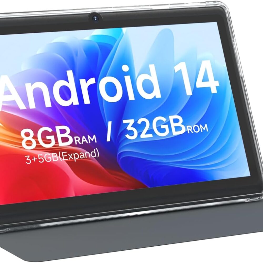 Android 14 Tablet 7 inch Tablets with Case, 8GB RAM 32GB ROM 1TB Expand, Quad-Core Processor Tablet PC, 1024 x 600 IPS Screen, Dual Camera, 3000mAh Battery, Bluetooth, WiFi, GMS, Widevine L1, Black